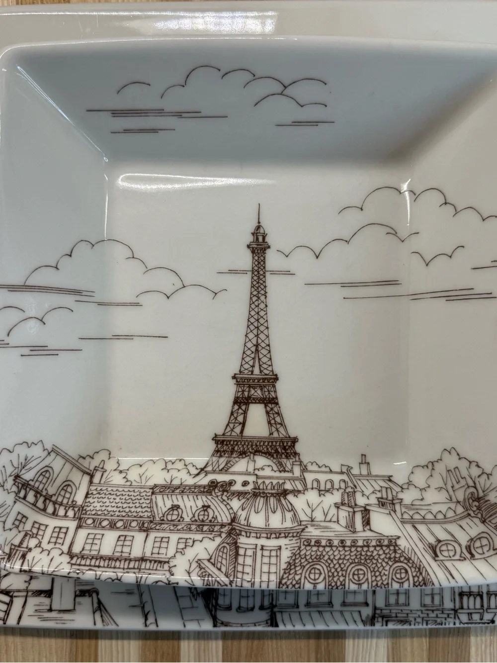 222 Fifth City Scenes Paris Eiffel Tower Square Dinnerware Set Plate & Bowl Trio